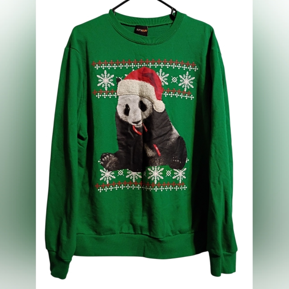 Fifth Sun Green Festive Panda Crewneck Sweater Size L